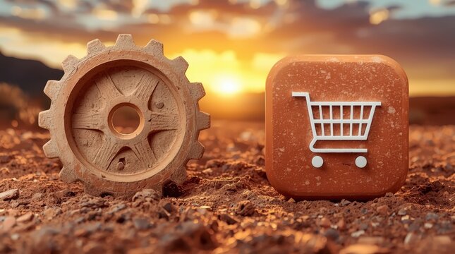 Clay gear and shopping cart icon on arid ground with dramatic sunset sky background