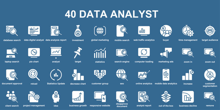 40 Data Analyst Icons Set Business Analytics Statistics SEO Marketing Research Vector Collection