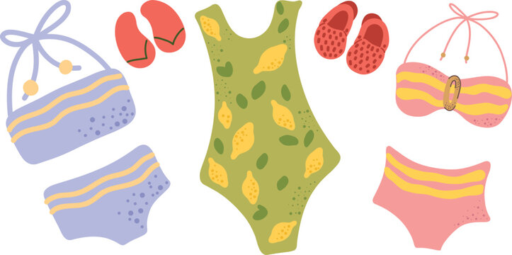 Summer swimwear set with bikini, swimsuit and flip flops. Flat vector set of summer beach items including bikini, one-piece swimsuit, flip flops and sandals. Bright colorful illustration isolated