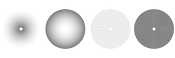 Fototapeta premium Black concentric circle set. Sonar or sound wave ring collection. Dotted and linear epicentre, target, radar icon concept. Ripple radial signal or vibration elements. Vector line and halftone symbols