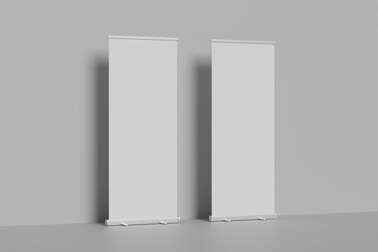 reative vector illustration of empty roll up banners with paper canvas texture isolated on transparent background. Art design blank template mockup. Concept graphic promotional presentation element