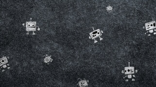 A pixelated black-and-white image featuring multiple small, simplistic robot figures scattered across the screen, kid friendly black AI background