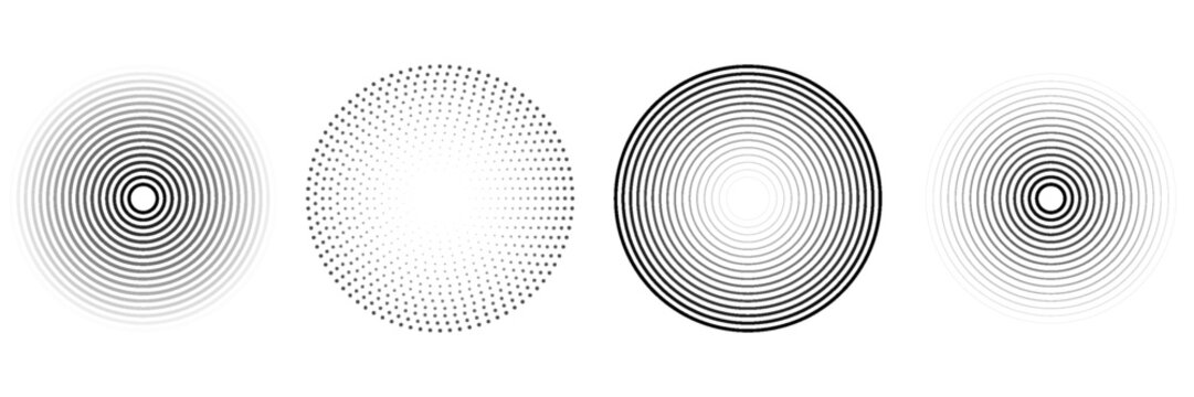 Black concentric circle set. Sonar or sound wave ring collection. Dotted and linear epicentre, target, radar icon concept. Ripple radial signal or vibration elements. Vector line and halftone symbols