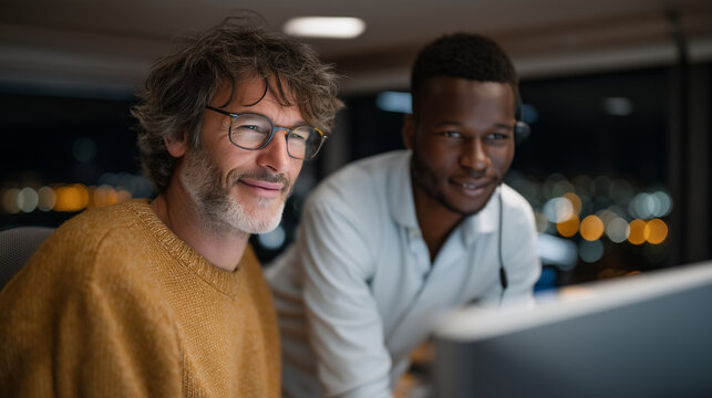 Teenage logistics intern learning route optimization software beside experienced dispatcher in busy freight coordination center, career pathway mentorship, supply chain workforce pipeline, operation