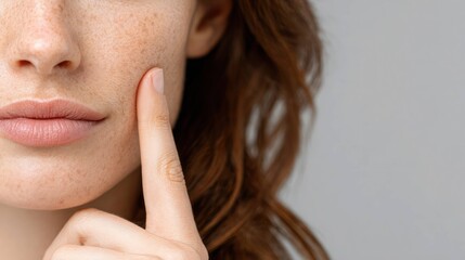 Fototapeta premium Woman pointing at freckles on cheek highlighting skin pigmentation and natural beauty concept