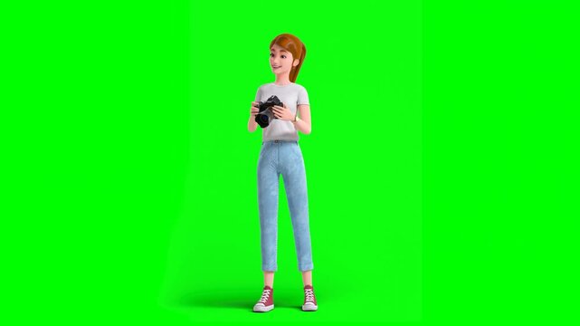3D Animated Cartoon Woman in Casual Outfit Captures Images With DSLR Camera, Checks the Photos, Taking Pictures Again on Green Background