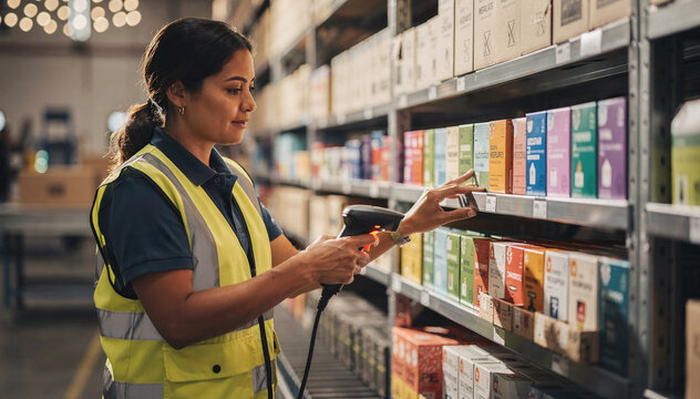Diligent warehouse worker in a high-visibility vest meticulously scans inventory, managing stock with precision and efficiency in a modern distribution center