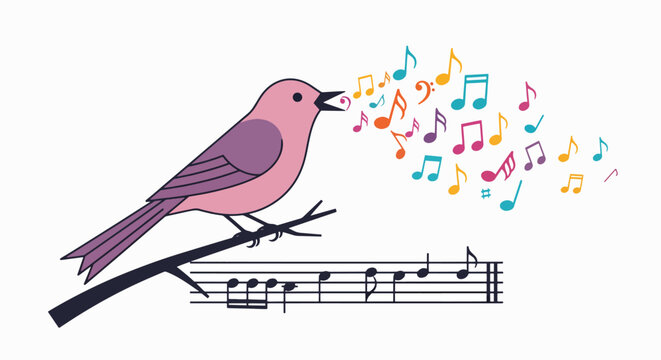 Illustration of a pink bird perched on a branch singing colorful musical notes floating above sheet music on a white background with a whimsical feel.