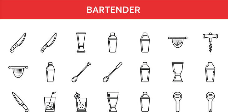Bartender tool icon set featuring cocktail making equipment knives shakers strainers and bar accessories outline vector collection