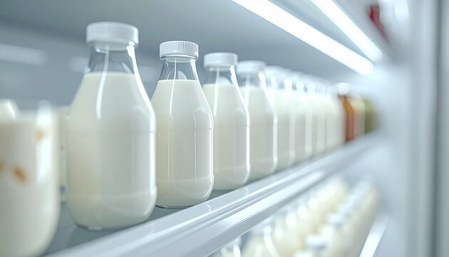 Fresh organic dairy milk in a clear glass bottle stands on a white kitchen counter as a healthy breakfast beverage full of natural calcium and nutrition