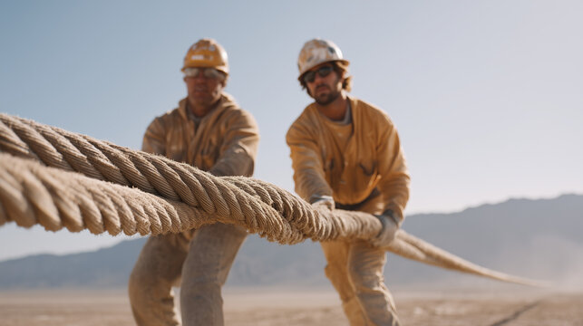 Carbon fiber cable spool being unrolled across desert test facility, engineers in hard hats measuring tension under harsh midday sun, space elevator tether prototype, geosynchronous infrastructure e