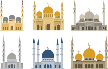 Islamic mosque buildings collection with domes and minarets, religious architecture for worship and cultural heritage landmarks © MdSayed