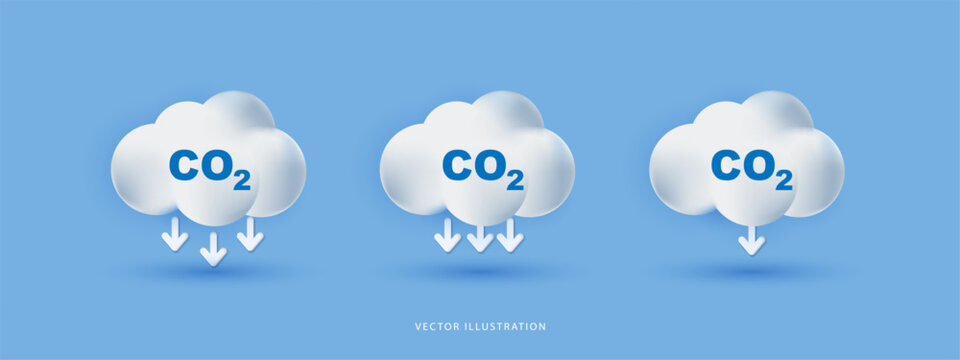 3D white clouds with CO2 text and downward arrows representing carbon emission reduction, greenhouse gas decrease, eco-friendly environment and climate change concept. Vector illustration on blue.