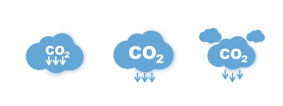Blue cloud icons set with CO2 text and downward arrows representing carbon emission reduction, greenhouse gas decrease, environmental sustainability and climate change concept. Vector illustration.