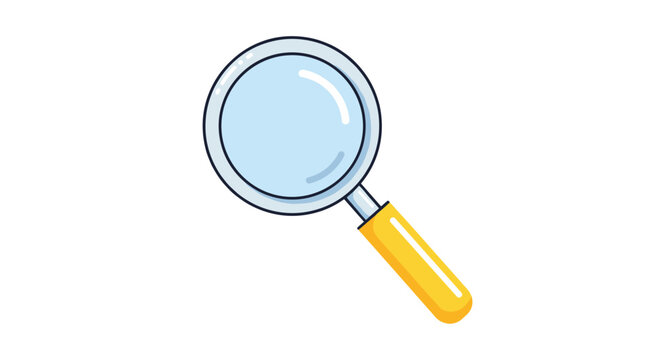 Simple magnifying glass with a yellow handle and a light blue lens used for searching, investigating, and discovering details.
