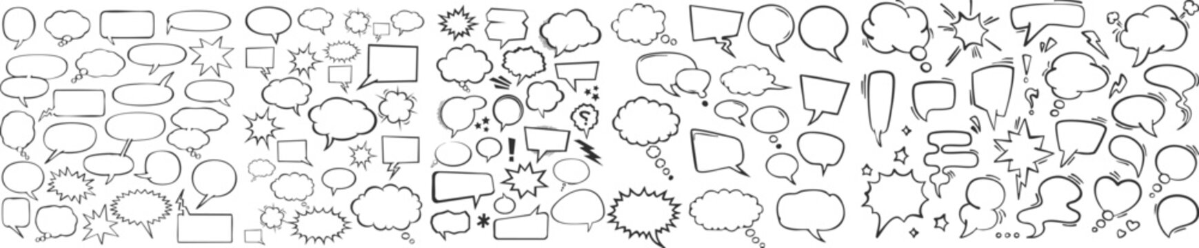 Hand Drawn Comic Speech Bubble Icon Set Black Line Sketch Elements on transparent Background Creative Dialogue Vector Illustration