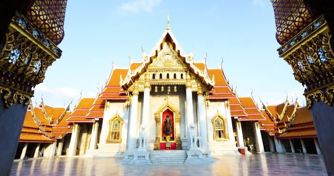 Wat Benchamabophit the Marble Temple sunset light the impressive and orderly traditional Thai architecture. Bangkok Thailand
