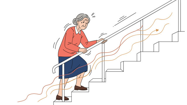 Elderly woman in red sweater struggling to walk up stairs using railing with lines indicating physical strain.