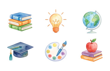 Watercolor Education Icon Set with School Supplies and Graduation Symbols © Dwi