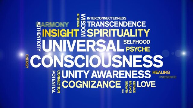 Universal Consciousness animated word cloud-text design animation tag kinetic typography seamless loop.