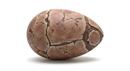 Obraz premium Close-up of a single brown egg with a heavily cracked and textured shell, isolated on a white background with a soft shadow.
