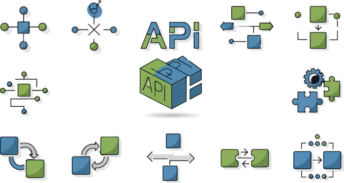 API technology icon set, application programming interface symbols, software integration and data connection vector elements for web development