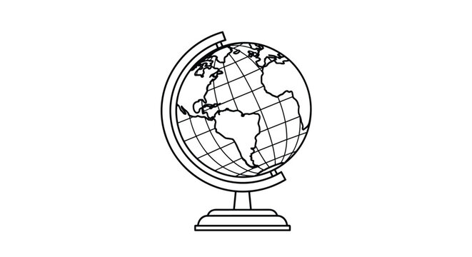 Educational globe showing the continents and oceans on a desktop stand depicted in a clean black and white line art style for school and geography.