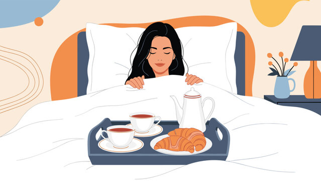 Beautiful woman sleeping peacefully in her bed with a tray of breakfast including croissants and tea waiting for her.