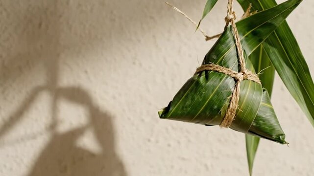 Single zongzi swaying gently in breeze loop minimal clean scene left copy space