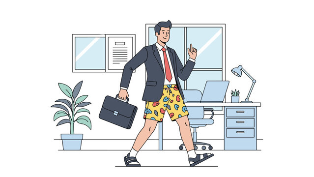 Businessman wearing a formal suit jacket with casual summer shorts and sandals while walking through a modern office.