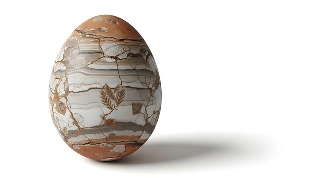 A single decorative egg-shaped object with a cracked, marbled, and earthy texture, featuring brown, white, and grey tones, isolated on a white background.
