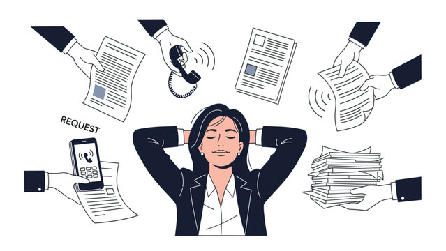 Stressed business woman staying calm and relaxed while being overwhelmed by numerous work tasks and daily requests.