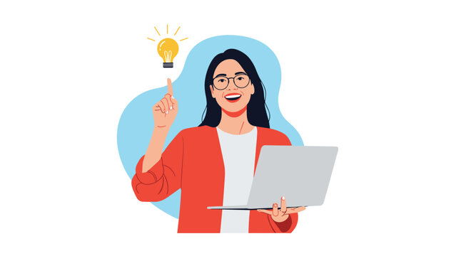 Inspired young woman with glasses holding a laptop while experiencing a brilliant new idea or creative solution.