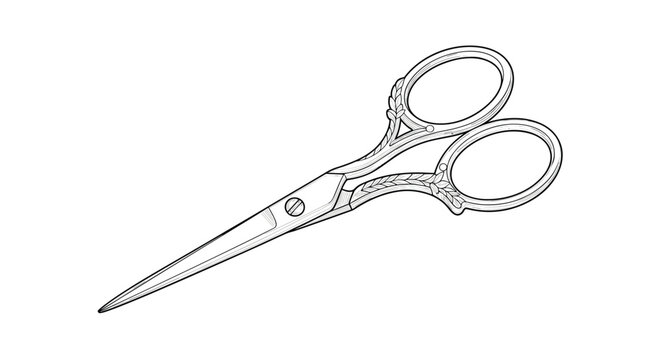 Elegant and detailed black and white line drawing of a pair of antique embroidery scissors with ornate handles isolated on a white background.