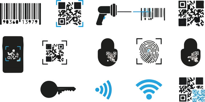 Digital identification and security icons set, QR code and barcode scanner symbols, biometric fingerprint and wireless signal vector elements