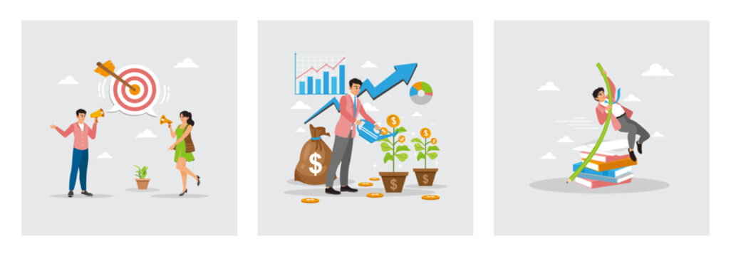 Speak the same targeting success. Businessman Watering Grow Money. Jumping pole vault with pencil.