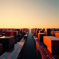 Obraz premium Abstract data flow rendered in stark geometric blocks against a deep void, code, minimal
