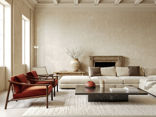 Naklejka premium Beige loft, classic room interior with sofa, fireplace, orange armchairs, vase and decor. 3d render illustration mockup.