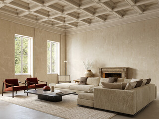 Naklejka premium Beige loft, classic room interior with sofa, fireplace, armchairs, vase and decor. 3d render illustration mockup.