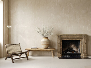 Naklejka premium Beige loft, classic room interior with armchair, fireplace, vase and decor. 3d render illustration mockup.