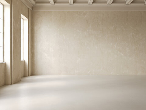 Beige empty loft, classic room interior. 3d render illustration mockup.