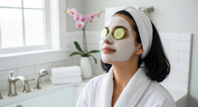 mothers day spa facial treatment with cucumber mask and towel for luxury skincare celebration in bathroom