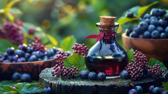 Dark berry liquid in corked bottle surrounded by fresh berries and leaves on wood outdoors