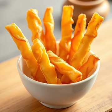 Golden brown youtiao fried dough sticks in white bowl, crisp and airy,  crispy, youtiao