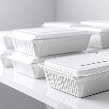 An isolated stack of blank white plastic and paper cups stands next to empty polystyrene food container boxes for storage and business packaging
