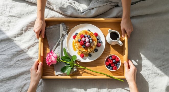 mothers day celebration with breakfast tray featuring pancakes berries coffee and rose on bed for family bonding event