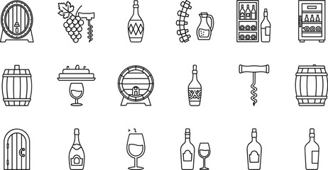 Naklejka premium Wine and Vineyard Icons Collection Featuring Bottles, Barrels, Glasses, Grapes, and Corkscrews for Winery, Alcohol, and Beverage Designs