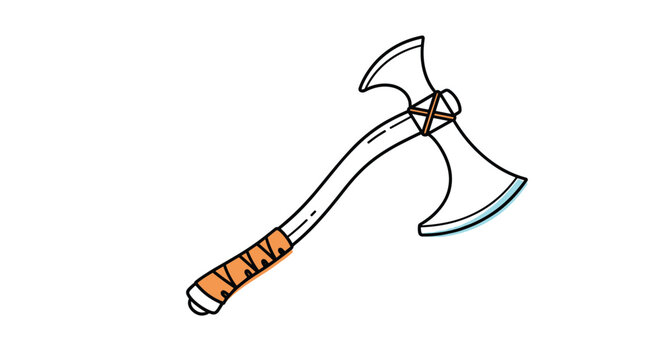 Stylized double headed battle axe illustration featuring a curved wooden handle with a leather wrapped grip for fantasy design.