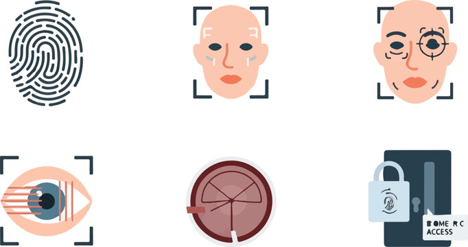 Biometric security icon set, facial recognition and fingerprint scanning technology, iris eye scan and digital identity verification vector collection