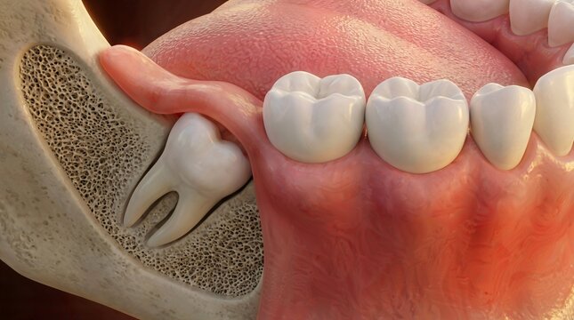 Impacted lower third molar, 3D medical illustration